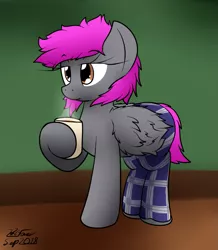 Size: 1041x1192 | Tagged: safe, artist:the-furry-railfan, derpibooru import, oc, oc:crash dive, unofficial characters only, pegasus, pony, bed mane, clothes, food, morning, mug, pajamas, pants, steam, tartan, tea