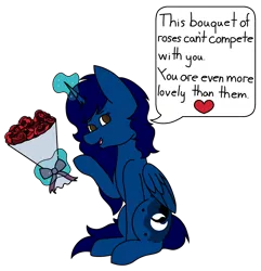 Size: 1985x2055 | Tagged: safe, artist:midnightamber, derpibooru import, oc, oc:midnight, unofficial characters only, alicorn, pony, alicorn oc, bouquet, cute, female, flower, glowing horn, horn, levitation, magic, mare, not luna, open mouth, ribbon, romantic, rose, simple background, solo, telekinesis, transparent background, wholesome, wings