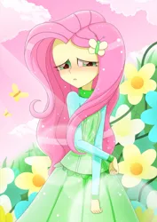 Size: 1388x1964 | Tagged: safe, artist:liu ting, derpibooru import, fluttershy, equestria girls, blushing, clothes, dress, female, flower, looking at you, solo