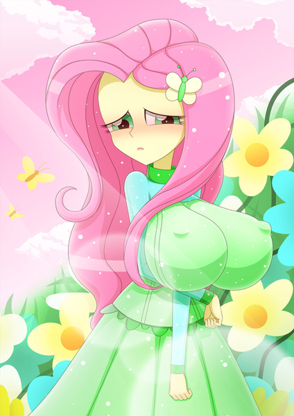 Size: 1388x1964 | Tagged: suggestive, alternate version, artist:liu ting, derpibooru import, fluttershy, bat pony, equestria girls, big breasts, blushing, breasts, busty fluttershy, erect nipples, female, flutterbat, huge breasts, impossibly large breasts, nipple outline, race swap, solo, solo female