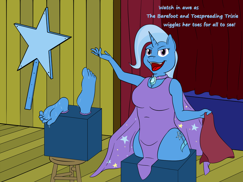 Size: 1600x1200 | Tagged: anthro, artist:nudeknightart, barefoot, breasts, busty trixie, cleavage, derpibooru import, dialogue, feet, female, fetish, foot fetish, magic trick, modular, open mouth, plantigrade anthro, smiling, solo, suggestive, sweat, toes, trixie