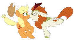 Size: 5710x3120 | Tagged: safe, artist:chub-wub, derpibooru import, applejack, autumn blaze, earth pony, kirin, pony, sounds of silence, autumnjack, bedroom eyes, blushing, boop, cloven hooves, colored hooves, female, hat, lesbian, looking at each other, mare, noseboop, quadrupedal, shipping, simple background, smiling, transparent background, unshorn fetlocks