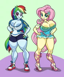 Size: 2126x2554 | Tagged: suggestive, artist:art-2u, derpibooru import, fluttershy, rainbow dash, bat pony, equestria girls, equestria girls series, big breasts, breasts, busty fluttershy, busty rainbow dash, cleavage, clothes, colored, converse, curvy, dress, duo, duo female, female, females only, flutterbat, hand on hip, high heels, hourglass figure, huge breasts, panties, pink underwear, race swap, shoes, short shirt, sneakers, spherical breasts, thick, underwear, wasp waist, wide hips