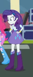 Size: 228x528 | Tagged: safe, derpibooru import, screencap, pinkie pie, rarity, eqg summertime shorts, equestria girls, get the show on the road, cropped, geode of shielding, magical geodes, offscreen character