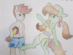 Size: 1024x768 | Tagged: safe, artist:dyonys, derpibooru import, oc, oc:lucky brush, oc:night chaser, unofficial characters only, earth pony, semi-anthro, beach ball, clothes, female, hat, male, mare, stallion, swimsuit, traditional art