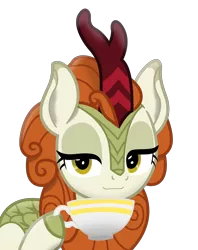 Size: 2152x2720 | Tagged: artist:zylgchs, autumn blaze, cup, derpibooru import, hoof hold, kirin, lidded eyes, safe, simple background, smiling, smug, solo, sounds of silence, teacup, transparent background, vector