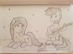 Size: 1024x768 | Tagged: safe, artist:dyonys, derpibooru import, oc, oc:dusk shine, oc:rosaline mollycoddle, unofficial characters only, earth pony, pony, unicorn, campfire, female, guitar, lying, male, mare, musical instrument, sitting, stallion, traditional art