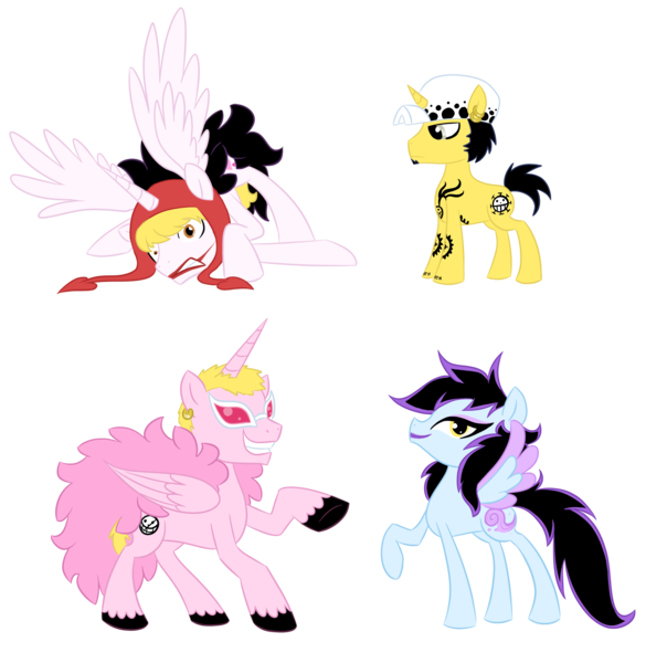 Size: 1720x1708 | Tagged: safe, artist:rosey-raven, derpibooru import, ponified, alicorn, pegasus, pony, unicorn, caesar clown, crossover, donquixote doflamingo, donquixote rosinante, one piece, simple background, trafalgar d. water law, transparent background