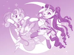 Size: 3628x2692 | Tagged: safe, artist:dstears, derpibooru import, rarity, sweetie belle, pony, unicorn, beautiful, clothes, cosplay, costume, crescent moon, cute, female, filly, mare, monochrome, moon, pose, pretty, purple, reference, sailor moon, sailor scout, sailor senshi, sailor uniform, smiling, uniform