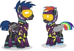 Size: 3416x2381 | Tagged: safe, artist:vector-brony, derpibooru import, rainbow dash, pegasus, pony, alternate timeline, amputee, apocalypse dash, armor, augmented, crystal war timeline, duo, female, goggles, helmet, hidden eyes, male, mare, military, prosthetic limb, prosthetic wing, prosthetics, shadowbolts, simple background, stallion, transparent background, vector, wings