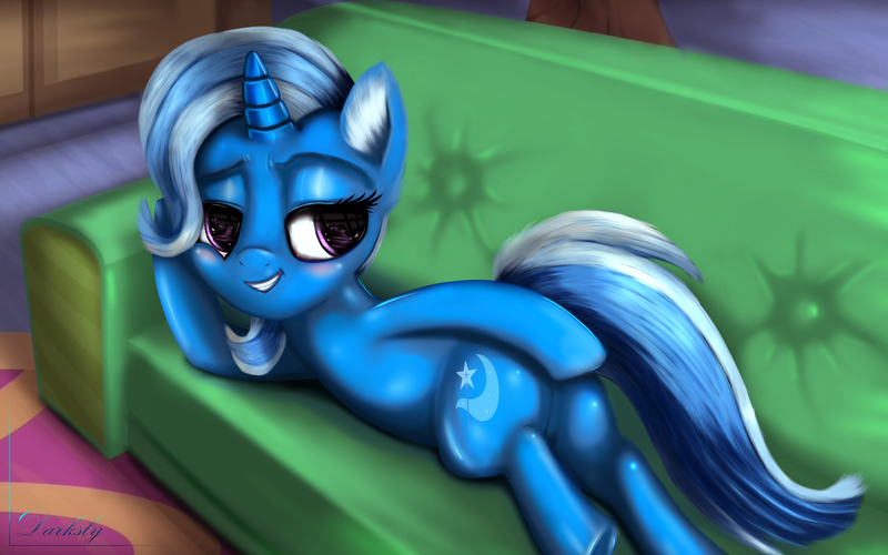 Size: 3897x2434 | Tagged: safe, artist:darksly, derpibooru import, trixie, pony, unicorn, road to friendship, blushing, butt, couch, draw me like one of your french girls, female, high res, lidded eyes, looking back, mare, plot, prone, solo, underhoof