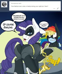Size: 2073x2477 | Tagged: suggestive, artist:blackbewhite2k7, derpibooru import, rainbow dash, rarity, pegasus, pony, unicorn, the end in friend, batman, batmare, butt, catmare, catwoman, clothes, costume, crossover, cuffs, dialogue, female, females only, handcuffed, lesbian, lockpicking, mare, parody, plot, raridash, shipping, tongue out, tumblr