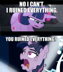 Size: 938x1062 | Tagged: safe, derpibooru import, edit, edited screencap, editor:horsesplease, screencap, mean twilight sparkle, twilight sparkle, twilight sparkle (alicorn), alicorn, pony, my little pony: the movie, the mean 6, bitterness, clone, crossing the memes, duality, dying, guilt, image macro, imminent death, meme, no i can't i ruined everything, sad, text, wordplay, you ruined everything