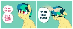 Size: 1944x781 | Tagged: safe, artist:shinodage, derpibooru import, oc, oc:apogee, unofficial characters only, human, pegasus, pony, 2 panel comic, :t, blue background, chest fluff, chest freckles, comic, cute, disembodied hand, ear freckles, eyes closed, female, filly, floppy ears, freckles, frown, hand, head pat, ocbetes, open mouth, pat, petting, scrunchy face, simple background, solo focus, speech bubble