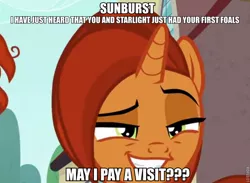 Size: 772x566 | Tagged: derpibooru import, edit, edited screencap, image macro, implied offspring, implied shipping, implied starburst, implied starlight glimmer, implied straight, meme, mothers gonna mother, oh no, safe, screencap, stellar flare, stellarsmug, sunburst, text, that pony sure does want grandfoals, the parent map, this will end in a family visit, this will end in tears
