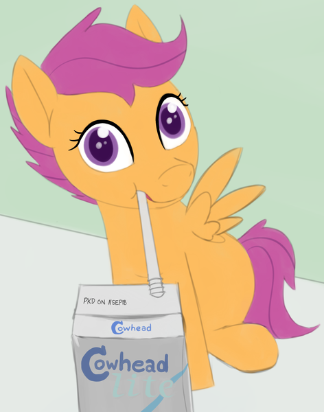 Size: 1259x1601 | Tagged: 4chan, artist:anonymous, colored, cute, cutealoo, derpibooru import, drawthread, drinking, drinking straw, drinking through a straw, milk, milk carton, /mlp/, ponified animal photo, safe, scootaloo, simple background, solo, straw