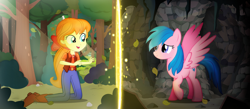 Size: 4500x1956 | Tagged: safe, artist:invisibleink, derpibooru import, firefly, megan williams, pegasus, pony, equestria girls, equestria girls series, rescue at midnight castle, rollercoaster of friendship, absurd resolution, alternate universe, boots, bow, cave, clothes, cowboy boots, cute, duo, female, forest, g1, g1 to g4, g4, generation leap, high res, jeans, kneeling, large wings, leaf, mare, open mouth, pants, portal, rainbow of light, raised hoof, shoes, smiling, tree, wings