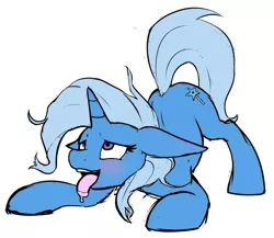 Size: 1180x1024 | Tagged: suggestive, artist:vulapa, color edit, derpibooru import, edit, edited edit, trixie, pony, unicorn, ahegao, blushing, colored, drool, face down ass up, female, floppy ears, invisible stallion, looking up, mare, open mouth, simple background, smiling, solo, solo female, tongue out, white background, wide eyes