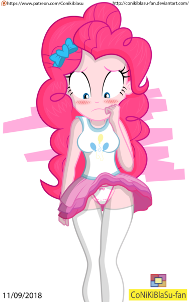 Size: 1493x2383 | Tagged: dead source, suggestive, artist:conikiblasu-fan, derpibooru import, pinkie pie, equestria girls, equestria girls series, blushing, breasts, clothes, commissioner:imperfectxiii, embarrassed, embarrassed underwear exposure, female, miniskirt, panties, panty shot, ribbon, sexy, shirt, simple background, skirt, skirt lift, socks, solo, solo female, stockings, thigh highs, thighs, thong, transparent background, underwear, upskirt, white underwear, wind
