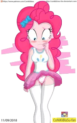 Size: 1493x2383 | Tagged: dead source, suggestive, artist:conikiblasu-fan, derpibooru import, pinkie pie, equestria girls, equestria girls series, blushing, breasts, clothes, commissioner:imperfectxiii, embarrassed, embarrassed underwear exposure, female, miniskirt, panties, panty shot, ribbon, sexy, shirt, simple background, skirt, skirt lift, socks, solo, solo female, stockings, thigh highs, thighs, thong, transparent background, underwear, upskirt, white underwear, wind