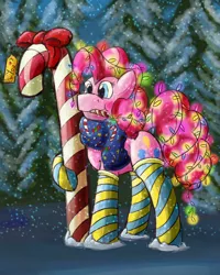 Size: 2322x2904 | Tagged: safe, artist:mandy1412, derpibooru import, pinkie pie, earth pony, pony, 2017, candy, candy cane, christmas, christmas lights, clothes, female, food, holiday, mouth hold, scarf, snow, socks, solo, striped socks, thigh highs, tree