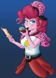 Size: 925x1301 | Tagged: safe, artist:mandy1412, derpibooru import, pinkie pie, equestria girls, belt, blue background, bubble, bubble pipe, clothes, deerstalker, detective, female, hat, paper, pipe, sherlock holmes, simple background, solo