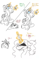 Size: 1024x1600 | Tagged: safe, artist:detoxx-retoxx, derpibooru import, discord, princess celestia, alicorn, draconequus, pony, alternate hairstyle, comic, crying, dislestia, eating, female, food, glowing horn, hidden eyes, horn, ice cream, male, mood swing, out of character, partial color, ponytail, pregnant, shipping, soap opera, straight