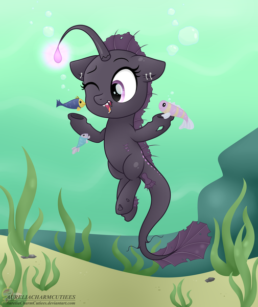 Size: 2780x3300 | Tagged: angler fish, angler seapony, artist:raspberrystudios, chibi, commission, derpibooru import, female, fins, fish, glow, holes, mare, oc, oc:deep lilly, ocean, one eye closed, open mouth, safe, seaweed, smiling, solo, tail, underwater, unofficial characters only
