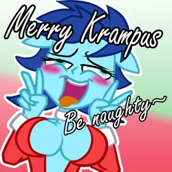 Size: 992x992 | Tagged: suggestive, artist:earth_pony_colds, derpibooru import, oc, oc:colds, unofficial characters only, anthro, absolute cleavage, abstract background, ahegao, breasts, christmas, cleavage, clothes, concept art, double peace sign, female, holiday, open mouth, original art, peace sign, solo, solo female, suit, tongue out