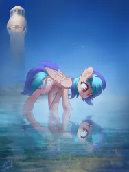 Size: 3000x4000 | Tagged: safe, artist:freeedon, derpibooru import, oc, oc:coldfire, unofficial characters only, pegasus, pony, female, lighthouse, mare, reflection, solo, water