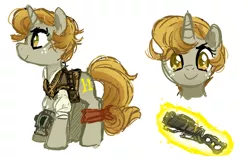 Size: 636x420 | Tagged: safe, artist:tsurime, derpibooru import, oc, oc:grace, unofficial characters only, pony, unicorn, fallout equestria, fallout equestria: begin again, fanfic, clothes, cutie mark, energy weapon, fanfic art, female, gun, hooves, horn, laser rifle, looking at you, magic, magical energy weapon, mare, pipbuck, simple background, smiling, solo, telekinesis, weapon, white background