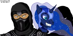 Size: 1200x596 | Tagged: artist:jonpablo45, derpibooru import, mortal kombat, noob saibot, princess luna, safe, simple background, transparent background