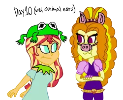 Size: 2000x1643 | Tagged: safe, artist:ktd1993, derpibooru import, adagio dazzle, sunset shimmer, equestria girls, 30 day otp challenge, animal ears, female, kermit the frog, lesbian, miss piggy, shipping, simple background, sunsagio, transparent background