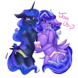 Size: 2500x2500 | Tagged: alicorn, anthro, anthro oc, artist:ihasjessie-kat, belly button, big breasts, breasts, busty princess luna, clothes, derpibooru import, female, looking at you, mare, nail polish, oc, panties, partial nudity, pegasus, pink underwear, princess luna, simple background, smiling, speech, suggestive, symmetrical docking, talking, topless, transparent background, underwear, yellow underwear