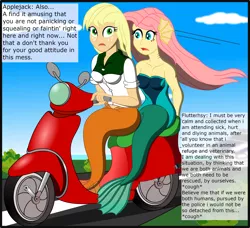 Size: 2568x2341 | Tagged: safe, artist:physicrodrigo, derpibooru import, edit, editor:rmzero, part of a set, applejack, fluttershy, mermaid, series:equestria mermaids, equestria girls, clothes, cloud, coast, curse, cursed, day, dialogue, dress, mermaidized, ocean, part of a series, patrol, police, police car, scooter, species swap, text