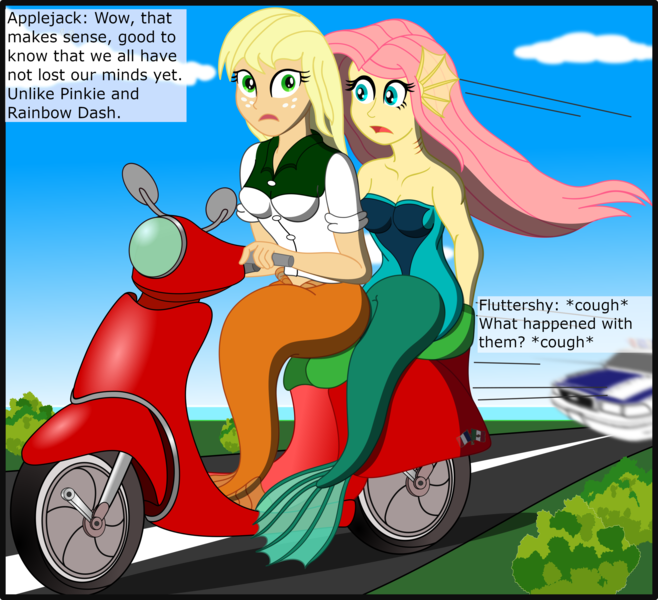 Size: 2568x2341 | Tagged: safe, artist:physicrodrigo, derpibooru import, edit, editor:rmzero, part of a set, applejack, fluttershy, mermaid, series:equestria mermaids, equestria girls, clothes, cloud, coast, curse, cursed, day, dialogue, dress, implied pinkie pie, implied rainbow dash, mermaidized, ocean, part of a series, patrol, police, police car, scooter, species swap, text