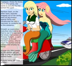 Size: 2568x2341 | Tagged: safe, artist:physicrodrigo, derpibooru import, edit, editor:rmzero, part of a set, applejack, fluttershy, mermaid, series:equestria mermaids, equestria girls, clothes, cloud, coast, curse, cursed, day, dialogue, dress, implied pinkie pie, implied rainbow dash, implied rarity, mermaidized, ocean, part of a series, patrol, police, police car, scooter, species swap, text