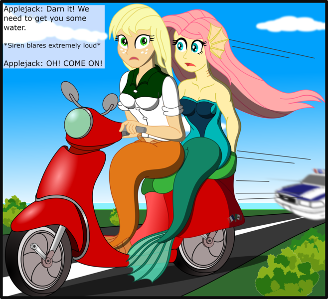 Size: 2568x2341 | Tagged: safe, artist:physicrodrigo, derpibooru import, edit, editor:rmzero, part of a set, applejack, fluttershy, mermaid, series:equestria mermaids, equestria girls, clothes, cloud, coast, curse, cursed, day, dialogue, dress, geode of super strength, magical geodes, mermaidized, ocean, part of a series, patrol, police, police car, scooter, species swap, text