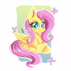 Size: 1280x1280 | Tagged: safe, artist:ask-colorsound, derpibooru import, fluttershy, butterfly, pegasus, pony, behaving like a bird, behaving like a duck, blush sticker, blushing, cute, eye contact, female, folded wings, looking at each other, looking at you, mare, prone, shy, shyabetes, simple background, smiling, solo, three quarter view, wings