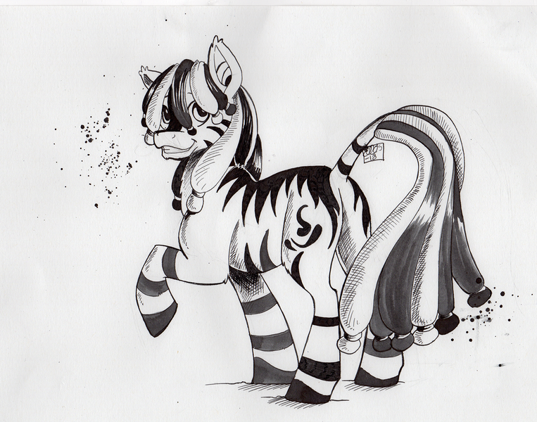 Size: 1927x1516 | Tagged: artist:ellisarts, derpibooru import, leonine tail, male, monochrome, oc, oc:ruzeth, raised hoof, safe, solo, stallion, traditional art, zebra, zebra oc