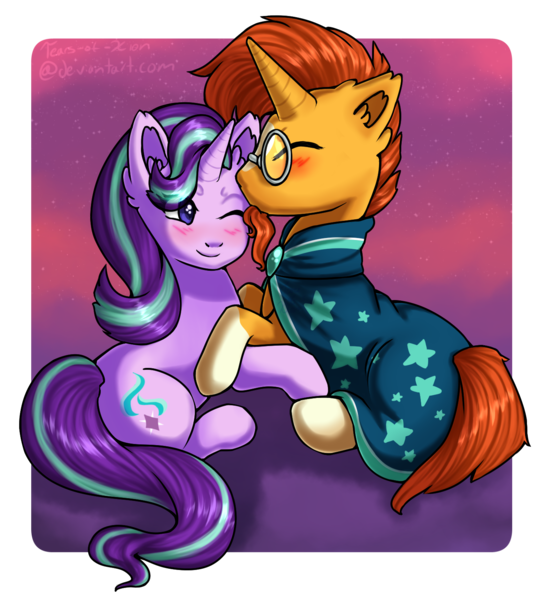 Size: 1391x1538 | Tagged: safe, artist:tears-of-xion, derpibooru import, starlight glimmer, sunburst, pony, unicorn, blushing, clothes, female, glasses, kissing, male, one eye closed, raffle prize, shipping, simple background, socks (coat marking), starburst, straight, transparent background