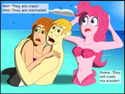 Size: 2719x2035 | Tagged: safe, artist:physicrodrigo, derpibooru import, edit, editor:rmzero, part of a set, pinkie pie, mermaid, series:equestria mermaids, equestria girls, armpits, belly button, chara, cloud, crossover, curse, cursed, day, dialogue, female, hug, kim possible, male, mermaidized, midriff, ocean, part of a series, ron stoppable, shipping, species swap, straight, text, this will not end well, wat