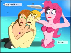 Size: 2719x2031 | Tagged: safe, artist:physicrodrigo, derpibooru import, edit, editor:rmzero, part of a set, pinkie pie, mermaid, series:equestria mermaids, equestria girls, armpits, belly button, chara, cloud, crossover, curse, cursed, day, dialogue, female, hug, kim possible, male, mermaidized, midriff, ocean, part of a series, ron stoppable, shipping, species swap, straight, text, this will not end well