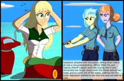 Size: 4380x2851 | Tagged: safe, artist:physicrodrigo, derpibooru import, edit, editor:rmzero, part of a set, applejack, cloudchaser, copper top, misty fly, bird, mermaid, series:equestria mermaids, equestria girls, arm behind head, cloud, crash, curse, cursed, day, dialogue, equestria girls-ified, female, gun, handgun, mermaidized, ocean, part of a series, pistol, police, police officer, reference, scooter, species swap, text, this will not end well, trio, trio female, weapon