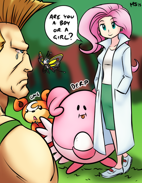 Size: 1041x1347 | Tagged: artist:megasweet, beautifly, blissey, capcom, colored, color edit, colorist:ironhades, crossover, derpibooru import, edit, fluttershy, guile, human, humanized, pokémon, pokémon black and white, professor juniper, safe, street fighter, teddiursa