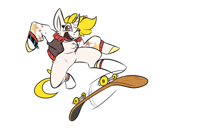 Size: 1280x864 | Tagged: safe, artist:omegapex, derpibooru import, oc, oc:gold star, unofficial characters only, pony, unicorn, clothes, jacket, simple background, skateboard, solo, starry eyes, transparent background, wingding eyes