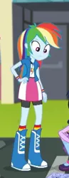 Size: 192x494 | Tagged: safe, derpibooru import, screencap, rainbow dash, sci-twi, twilight sparkle, eqg summertime shorts, equestria girls, get the show on the road, boots, clothes, compression shorts, female, geode of super speed, magical geodes, offscreen character, shoes, shorts, skirt, socks