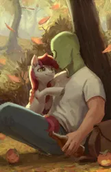 Size: 1106x1708 | Tagged: safe, artist:rhorse, deleted from derpibooru, derpibooru import, roseluck, oc, oc:anon, earth pony, human, pony, autumn, bag, bottle, cider, duo, female, leaves, male, mare, mask, tree