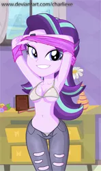 Size: 476x804 | Tagged: suggestive, artist:charliexe, derpibooru import, starlight glimmer, equestria girls, mirror magic, spoiler:eqg specials, armpits, bra, breasts, busty starlight glimmer, clothes, female, grin, looking at you, open fly, panties, pants, smiling, solo, solo female, stupid sexy starlight glimmer, unbuttoned, underwear, undressing, white underwear