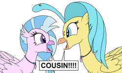 Size: 2697x1615 | Tagged: artist:eagc7, classical hippogriff, cousins, derpibooru import, dialogue, duo, duo female, female, hippogriff, my little pony: the movie, princess skystar, safe, silverstream, simple background, text, transparent background